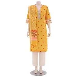 Yellow Printed and Embroidered Handloom Cotton Kameez