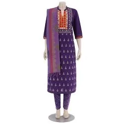 Purple Printed and Embroidered Cotton Kameez Set