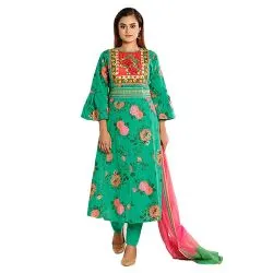 Green Printed and Embroidered Handloom Cotton Kameez Set