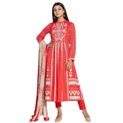 Red Printed and Embroidered Rayon-Linen Kameez Set