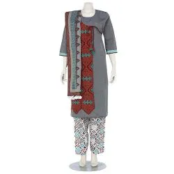 Grey Printed and Appliquéd Cotton-Rayon Shalwar Kameez Set