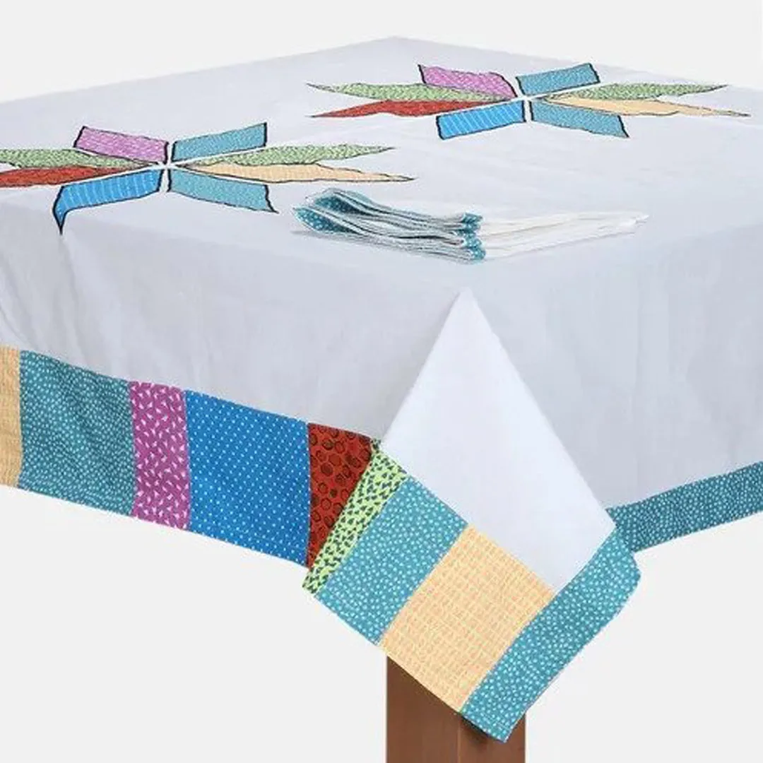 Beige Appliquéd Cotton Tablecloth and Napkin Set