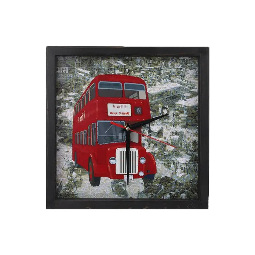 Brown Wood and Glass Framed Double Decker Bus Clock