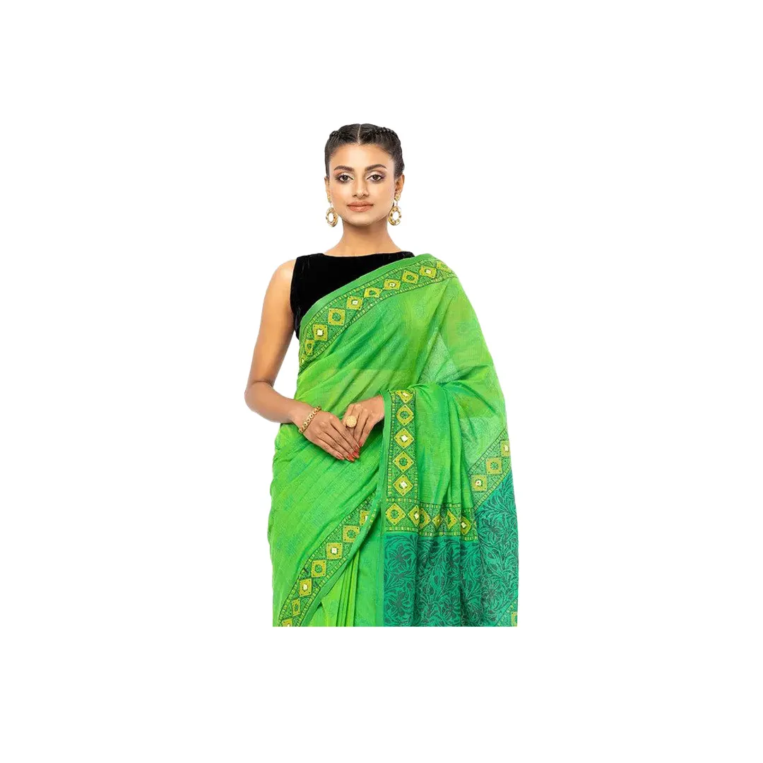 Green Embroidered and Printed Cotton Saree