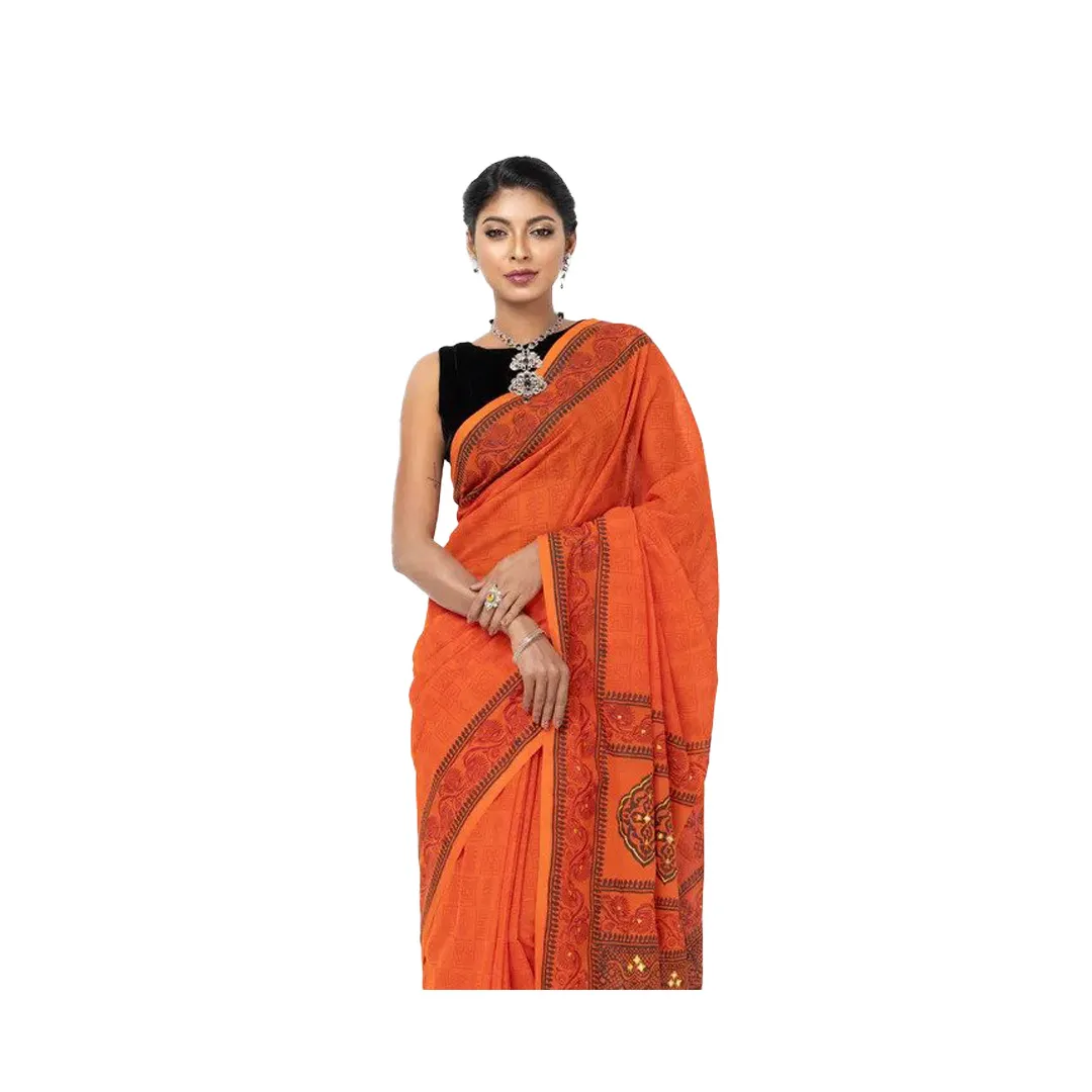 Orange Printed and Embroidered Cotton Saree