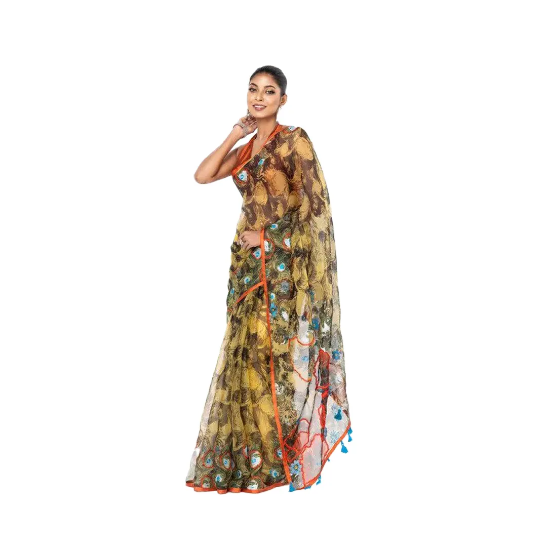 Olive Printed and Embroidered Muslin Saree