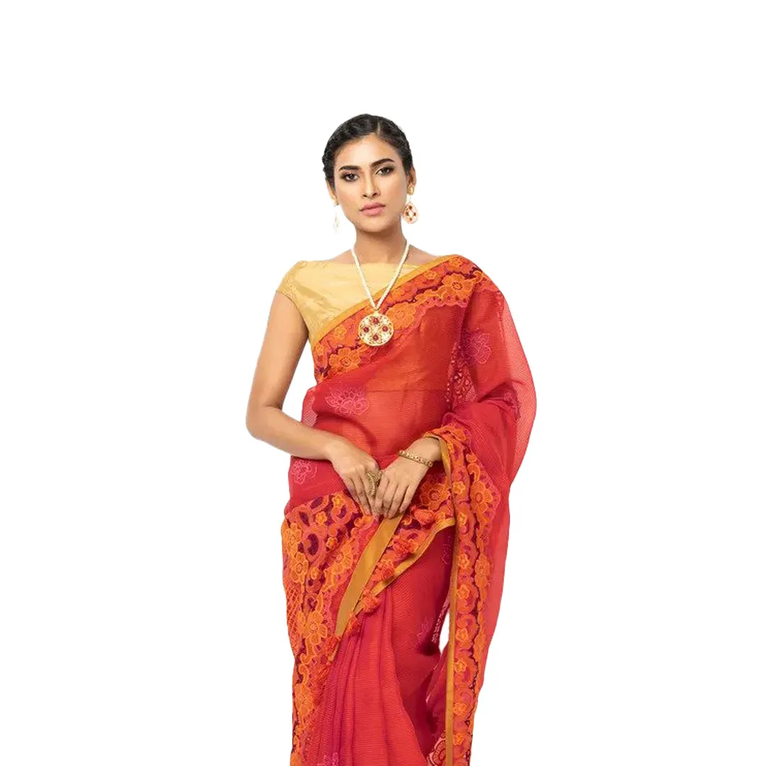 Red Striped Appliqued and Embroidered Muslin Saree