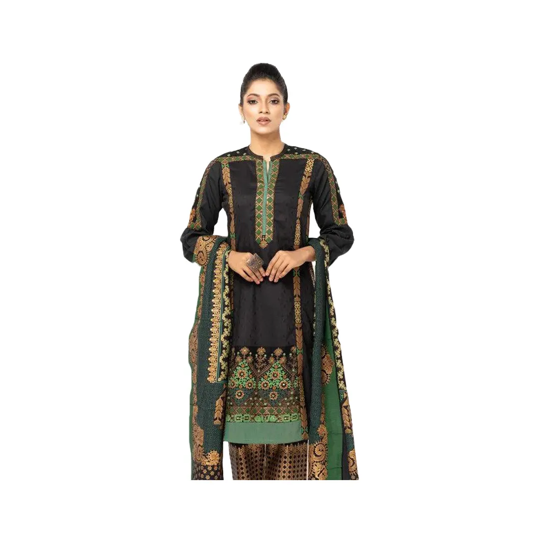 Black Printed and Embroidered Viscose-Cotton Kameez