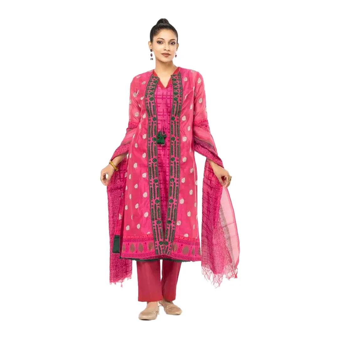 Crimson Red Printed and Embroidered Mixed Muslin Shalwar Kameez Set