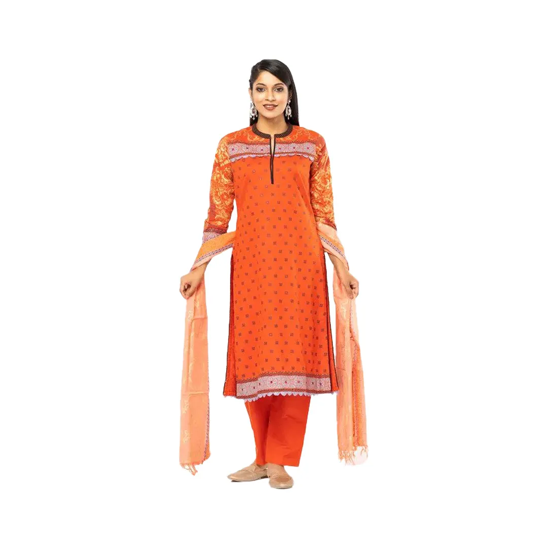 Orange Printed and Embroidered Viscose-Cotton Shalwar Kameez Set