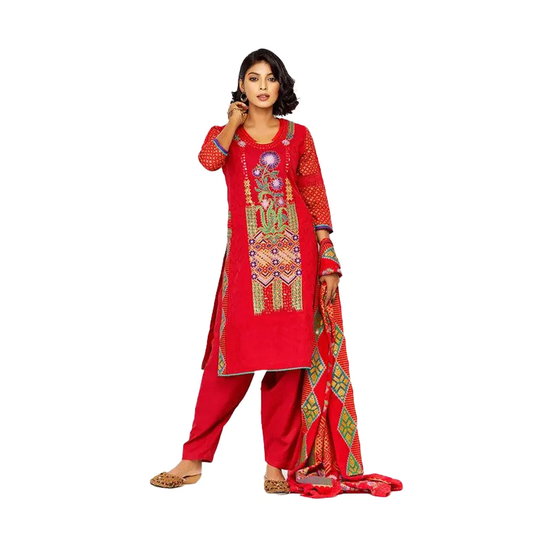 Red Printed and Embroidered Viscose-Cotton Shalwar Kameez