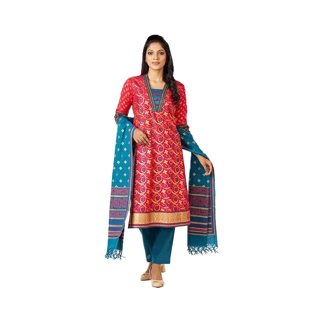 Strawberry Red Embroidered and Printed Viscose-Cotton Shalwar Kameez