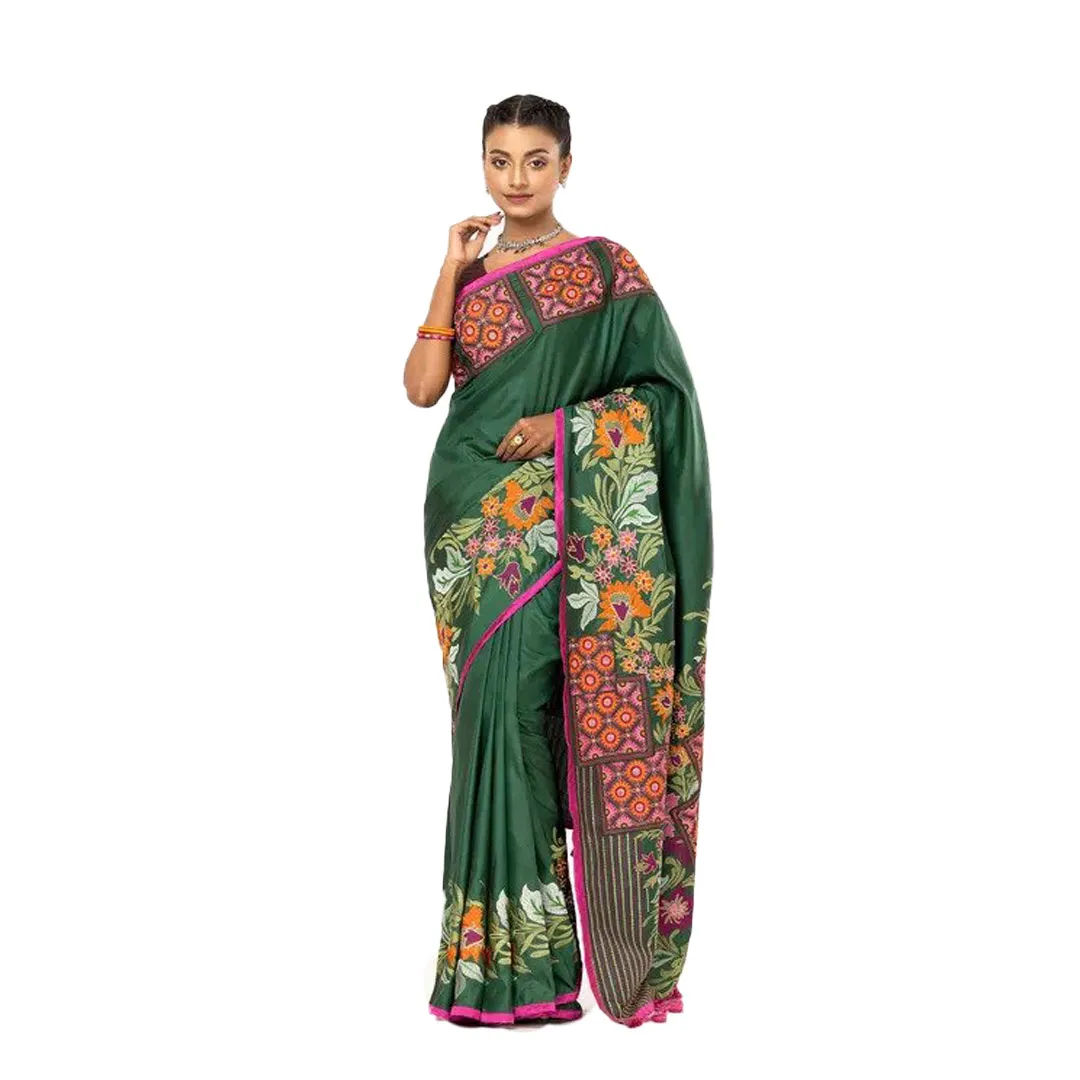 Deep Green Appliqued and Embroidered Silk Saree